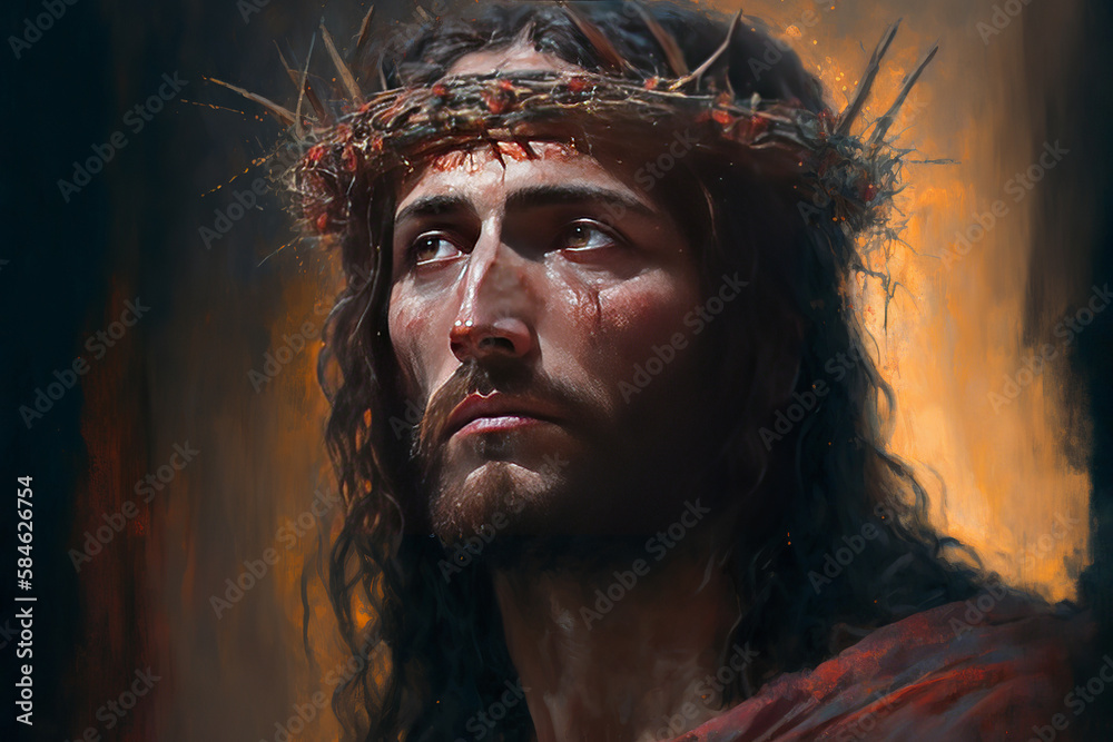 Generative AI illustration of Jesus Christ wearing crown of thorns ...