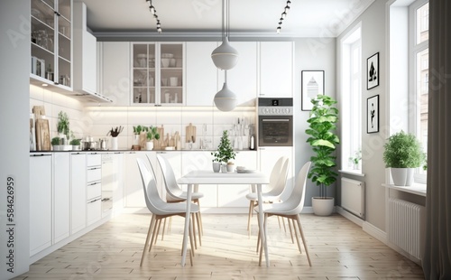 modern Interior of kitchen room with chairs and table and 