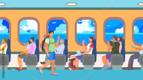 フェリーに乗って旅行する人々。入道雲と海の風景が窓から見えている。フラットなベクター背景イラスト。 People traveling by ferry. The cumulus clouds and seascape are visible from the window. Flat designed vector background illustration.