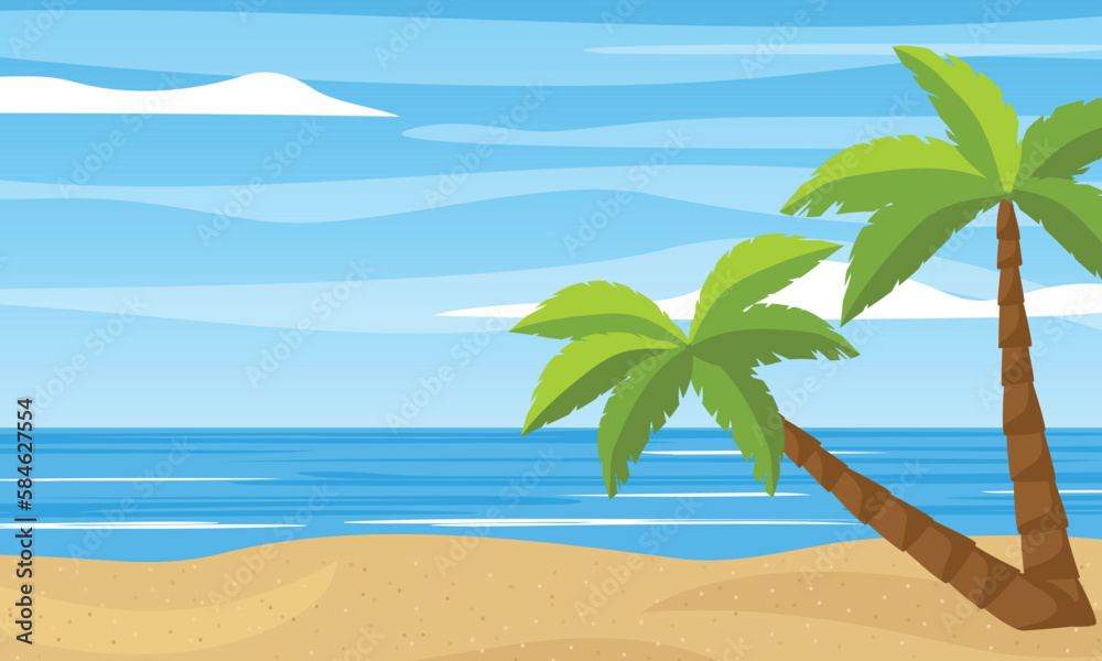 Beach scene with a palm tree on the beach. Summer sea background. Vector illustration.