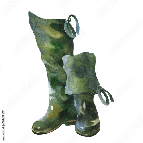 Watercolor illustration of wading rubber boots used for walking on water while fishing. Hand drawn picture isolated on white background. photo