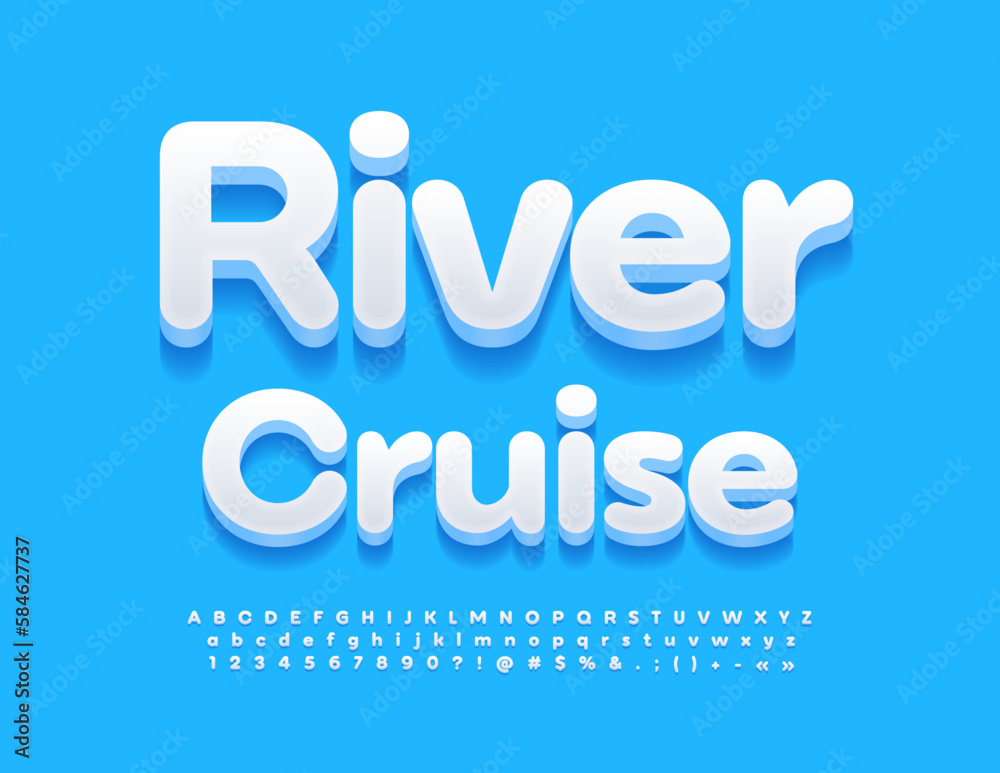 Vector advertising poster River Cruise with creative 3D Font. Modern white Alphabet Letters and Numbers set.