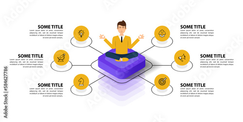 Infographic template. Meditating man with 6 steps and icons