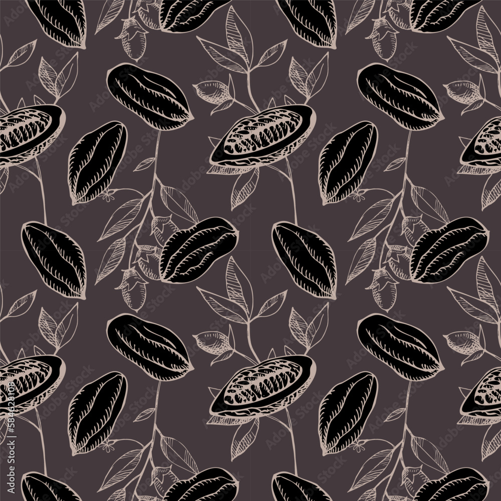 Seamless pattern with cocoa fruits and cocoa plant on a dark background. Lots of cocoa, repeating background. Drawn by hand. Seamless pattern with cocoa fruits and cocoa plant on a dark background. Lots of cocoa, repeating background. Drawn by hand.