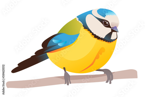 Titmouse. Great tit is a passerine bird. A bright bird is sitting on a branch. Cartoon vector illustration on a white background.