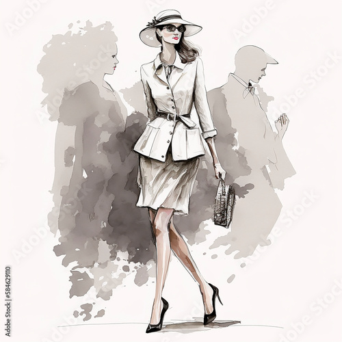 Hand-drawn beautiful young woman stylish fashion illustration of clothes, sketch of clothes on a light background. Generative AI.