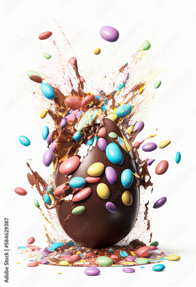 Chocolate egg exploding, vivid color, background white - Generative AI