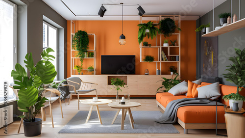 Stylish and Inviting Modern Living Room with Warm Orange and Wood Accents