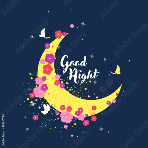 good night. a crescent moon in the sky. vector image of the moon. abstract postcard with stars and flowers