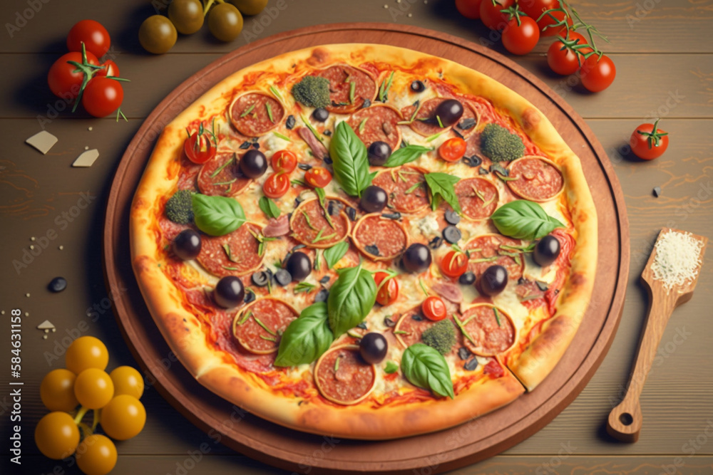 Pizza filled with tomatoes, salami, and olives, Generative AI