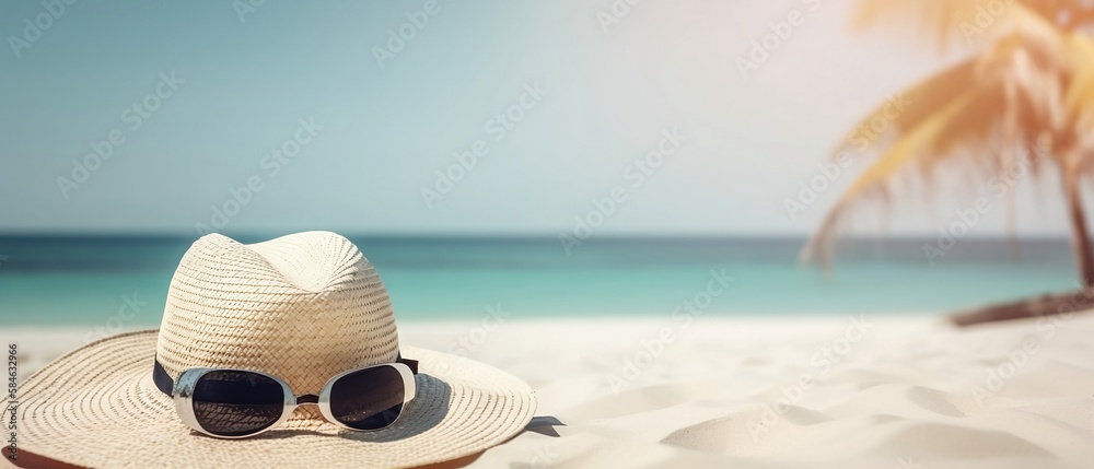 Happy Holidays Beach Banner with Straw Hat and Sunglasses - Generative ai