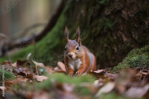 Squirrel in close-up at the base of a tree on a forest