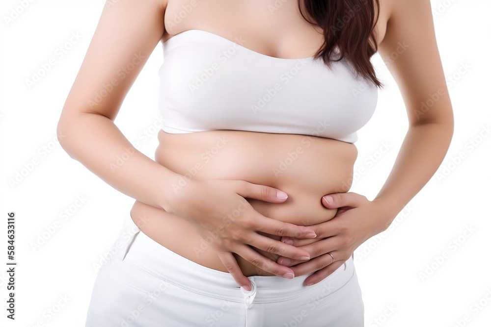 Woman on White Background with Hands on Belly, illustrating Stomach Pain Woman on White Background with Hands on Belly, illustrating Stomach Pain