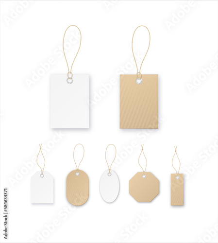 Set of tags or sale vector shopping labels with rope . White paper and brown kraft realistic material. Flat design isolated vector.