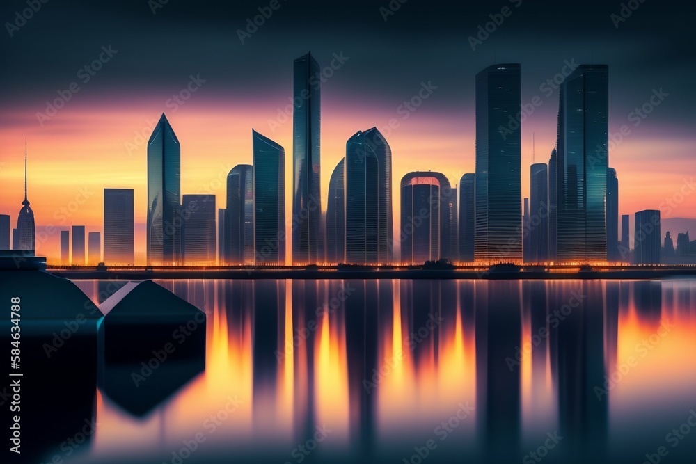 Panorama of a modern city at sunset with reflection in the water