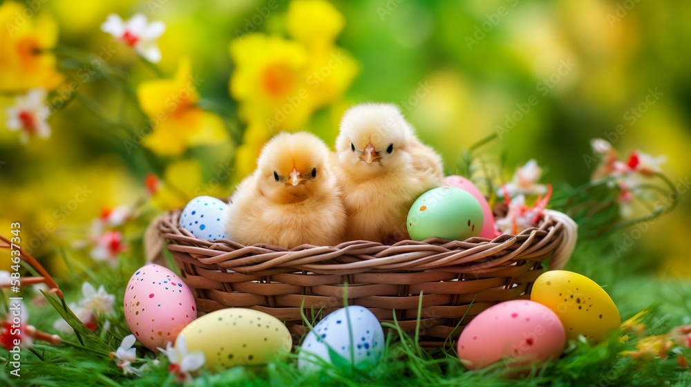 easter basket with easter eggs and chickens