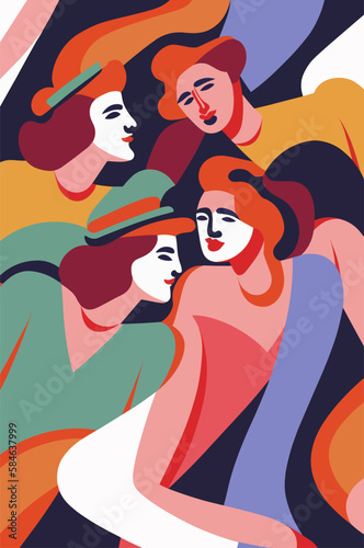 Stylized illustration of a group of people wearing hats