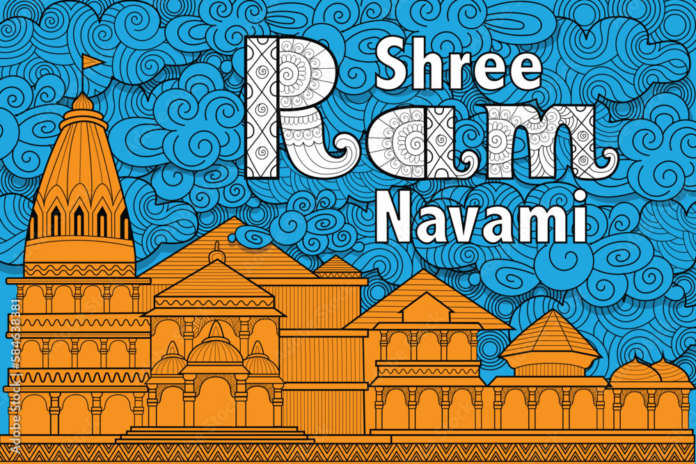 illustration of Lord Rama, Sita, Laxmana, Hanuman and Ravana in Ram Navami with hindi text Jai Shree Ram meaning Hail Lord Ram