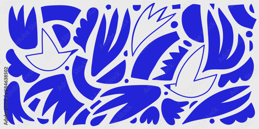 Fototapeta premium Vector set of abstract organic shapes, collage cutout style, contemporary art composition. Matisse inspired, flowers, leaves, birds, geometry.