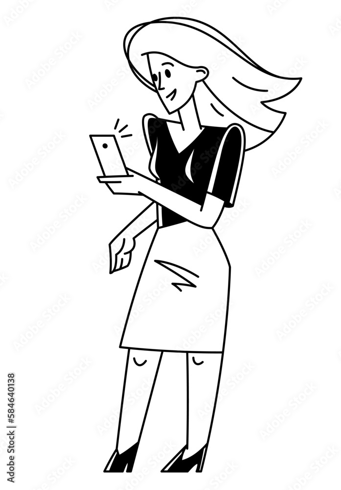 Young person with mobile cell phone doing some online job or chatting in messenger or social media vector outline illustration. Young person with mobile cell phone doing some online job or chatting in messenger or social media vector outline illustration.