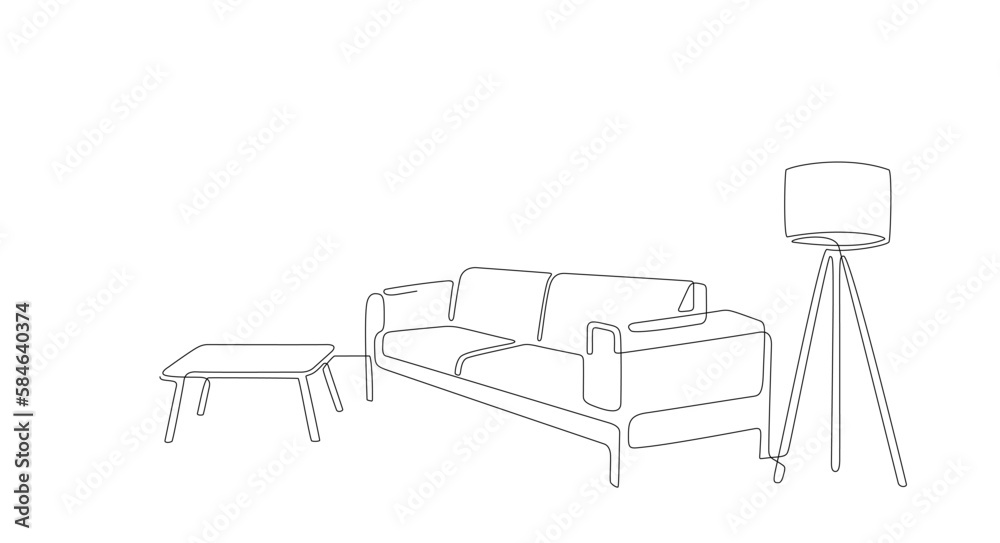Continuous line interior with sofa, table and lamp. One line drawing of Living room with modern furniture. Single line furniture. Hand draw contour. Bulb, modern table. Editable stroke. Doodle vector Continuous line interior with sofa, table and lamp. One line drawing of Living room with modern furniture. Single line furniture. Hand draw contour. Bulb, modern table. Editable stroke. Doodle vector