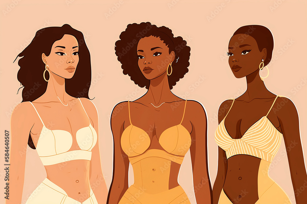 Body positive concept, a group of different women multinational girls in lingerie of different ethnic group and body shape, plus size, beige background. Generative AI.
