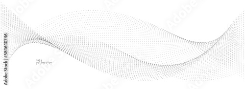 Grey airy particles flow vector design, abstract background with wave of flowing dots array, digital futuristic illustration, nano technology theme.