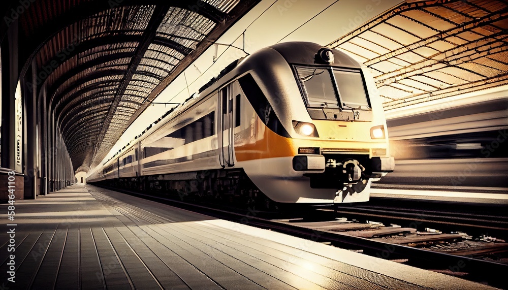 Beautiful railway station with modern silver commuter train passing by ...