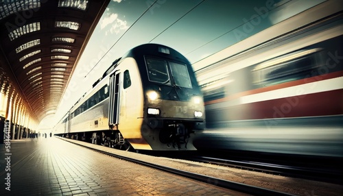 Beautiful railway station with modern silver commuter train passing by with motion blur