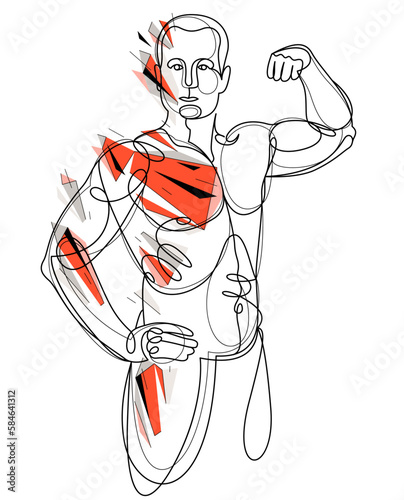 Linear drawing of a perfect body fit model man posing vector illustration isolated, muscular macho sexy guy with naked torso topless.