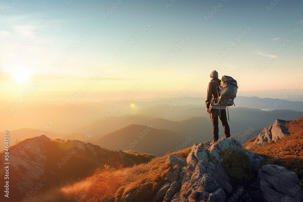 A man standing on top of a mountain hiking with backpacks in the sunset sunlight, a view of a beautiful landscape from above, a climber climbing a mountain with equipment silhouette. Generative AI. A man standing on top of a mountain hiking with backpacks in the sunset sunlight, a view of a beautiful landscape from above, a climber climbing a mountain with equipment silhouette. Generative AI.