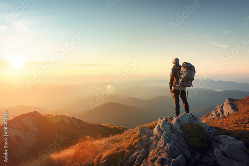 A man standing on top of a mountain hiking with backpacks in the sunset sunlight, a view of a beautiful landscape from above, a climber climbing a mountain with equipment silhouette. Generative AI. © VICHIZH