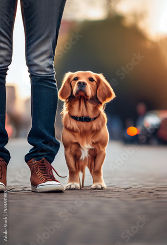 Brown dog standing between owners legs on the sidewalk during sunset, AI Generated