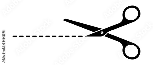 Black scissors with dotted line. Flat vector illustration