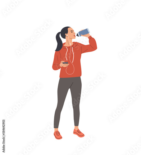 Healthy young woman in full height drinks water from a bottle isolated. Vector cartoon flat style illustration