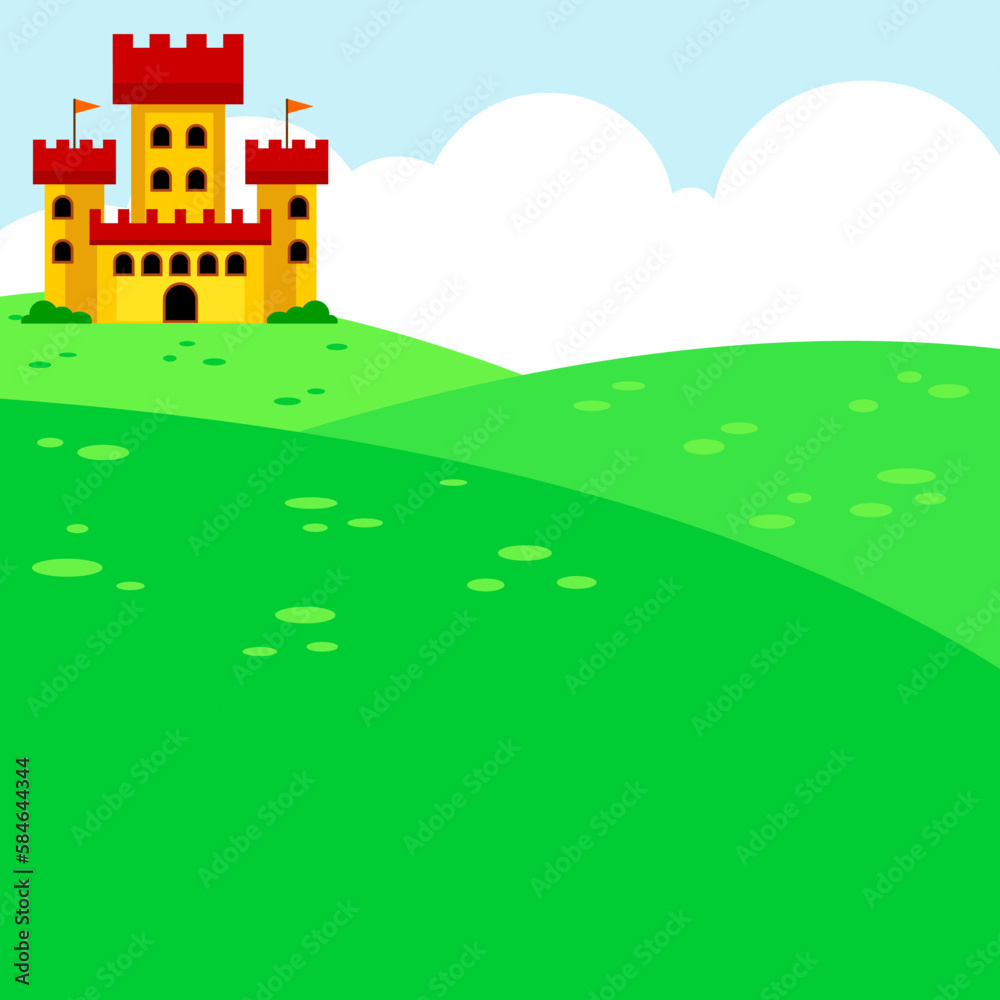 Cartoon Landscape Backdrop With Castle. Vector Hand Drawn Flat Design Illustration Background