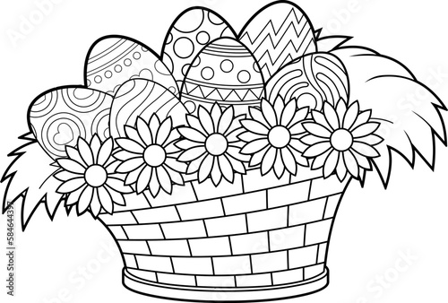Outlined Cartoon Easter Basket With Colored Eggs And Flowers. Vector Hand Drawn Illustration Isolated On Transparent Background