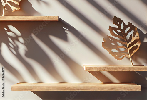 Empty wooden shelf over on baige wall background with leaves and shadows, AI Generated photo