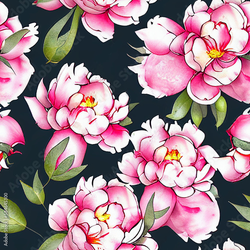 background with painted beautiful peonyes. Watercolor floral seamless pattern. 