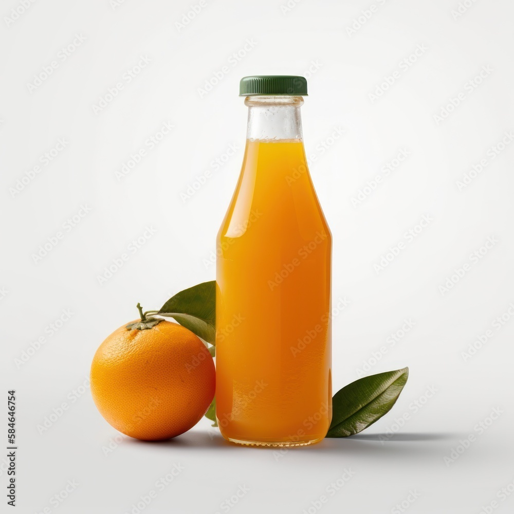 Bottle of orange juice next to an orange. The bottle is clear and has a green cap Bottle of orange juice next to an orange. The bottle is clear and has a green cap