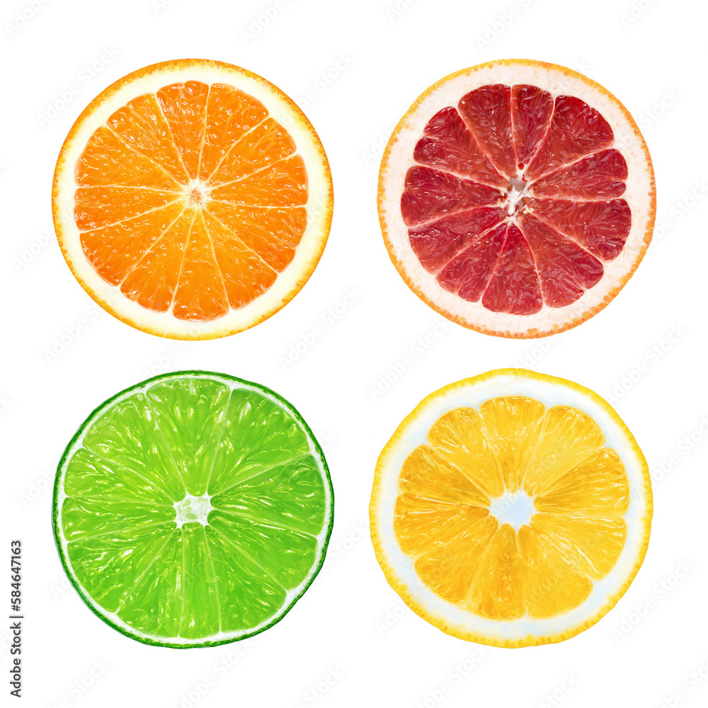 Limon, orange, lemon, lime, grapefruit slices. isolated on white. Photo of citrus fruits. Circle