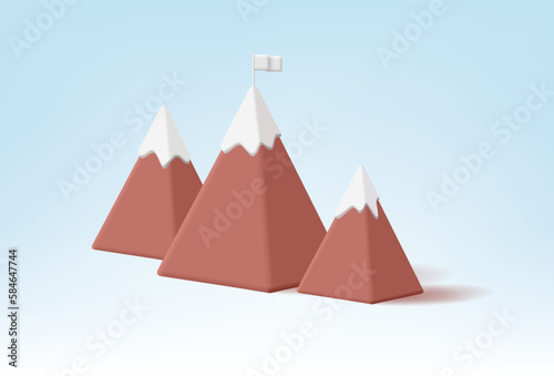 Modern 3D image of mountains with snow on top and a flag. A sign and symbol of travel  business  achievement  motivation  victory. Vector illustration on a light blue background.