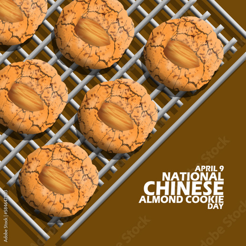 Cookies topped with almonds that have just been cooked out of the oven and bold text on brown background to celebrate National Chinese Almond Cookie Day on April 9