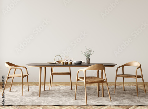 Interior design of modern dining room, dining table and wooden chairs. 3d rendering