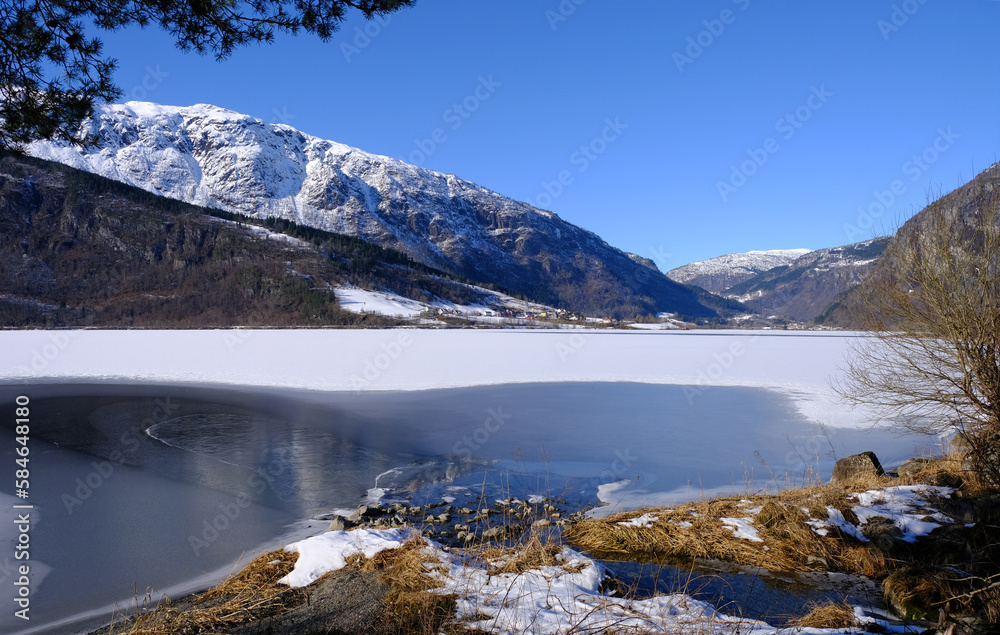 Granvin Lake and mountains in Winter, Granvin, Norway