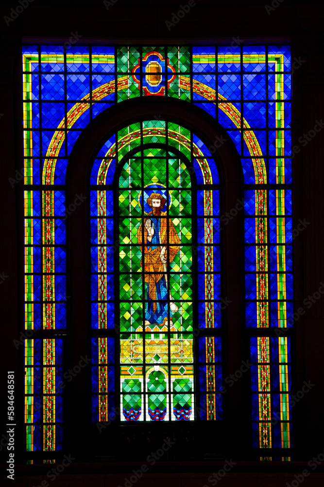 Basilica of Our Lady of Peace, a Roman catholic minor basilica in Yamoussoukro, the administrative capital of Cote d'Ivoire (Ivory Coast). Stained glass.