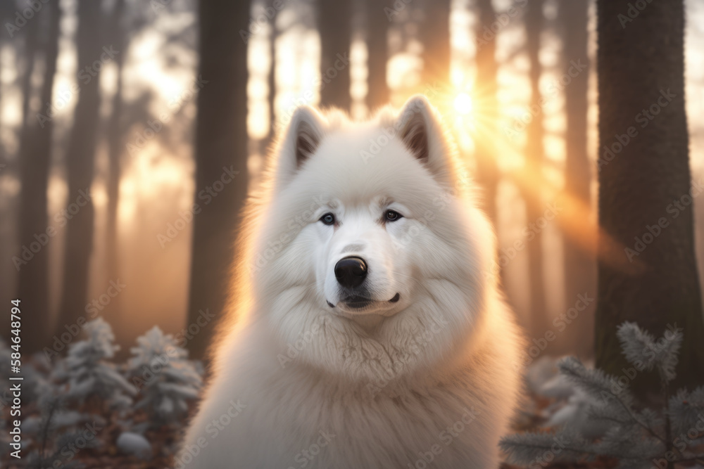 Naklejka premium White samoyed dog in forest. Beautiful white dog portrait walking in nature. Ai generative.