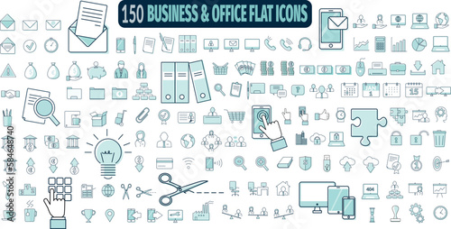 collection de 150 icônes et pictogrammes vectoriels modernes illustrant la finance, le travail, l'informatique et la vie au bureau	 photo