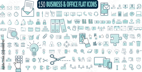 collection de 150 icônes et pictogrammes vectoriels modernes illustrant la finance, le travail, l'informatique et la vie au bureau	
