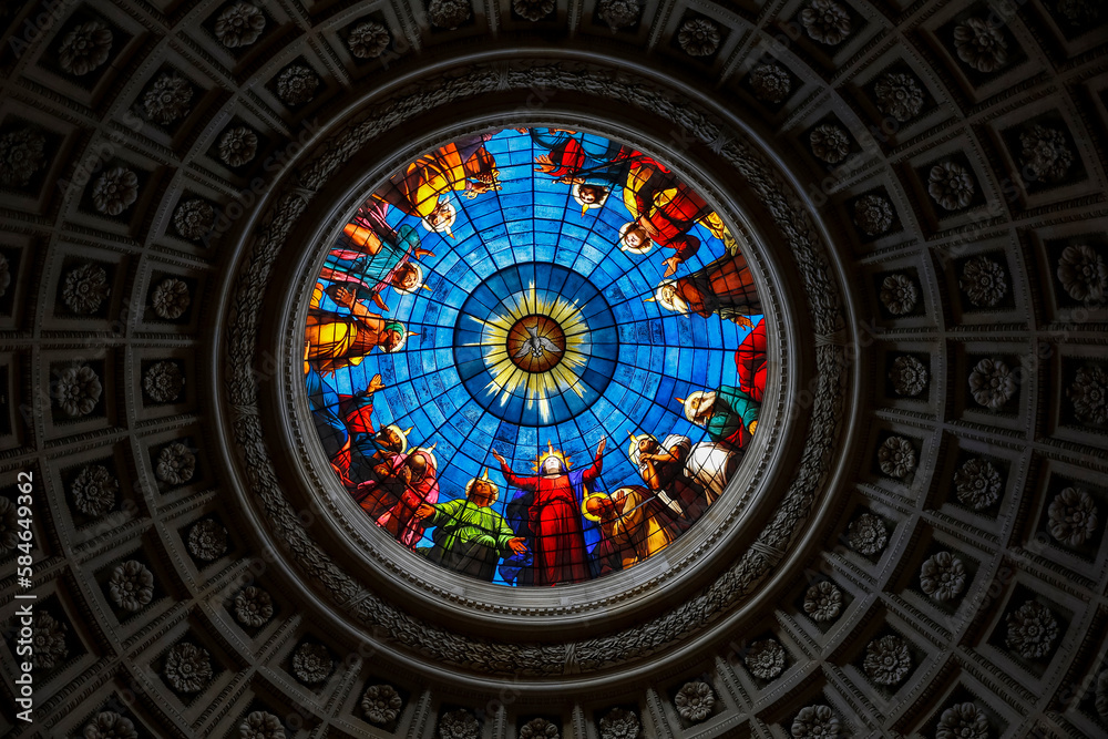 The Royal Chapel in Dreux, France. Ceiling rose window.